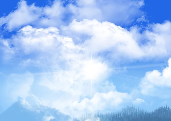 Блакитне небо з хмарами і сонцем — стокове фото