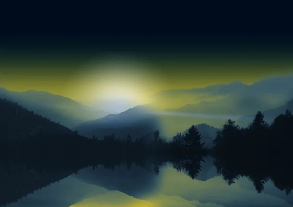 mountains with night sky and lake with reflection