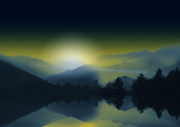 Landscape of lake with mountains reflected in the water and night sky