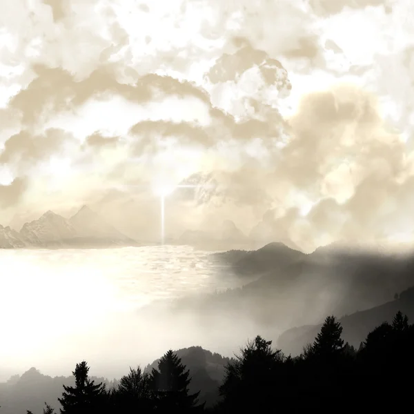 Mystical landscape of lake with mist — Stock Photo, Image