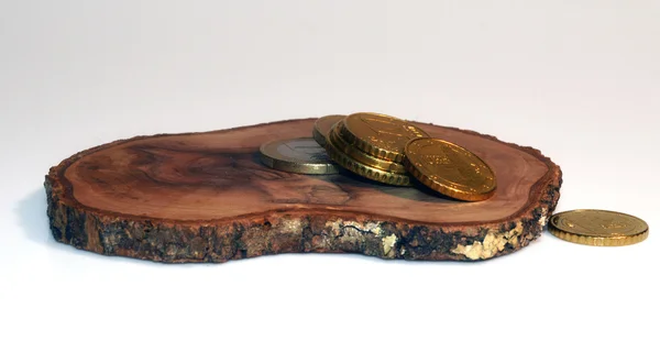 Drewno i monety — Zdjęcie stockowe