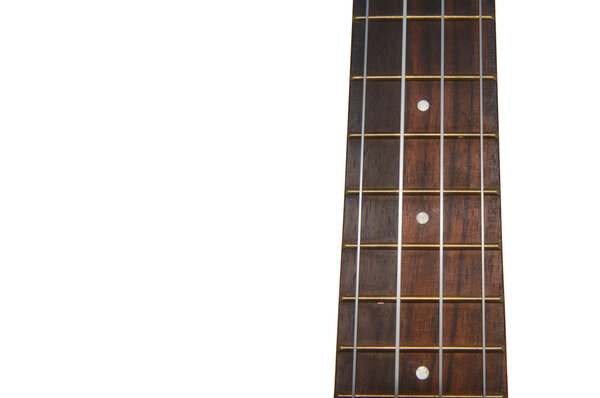A ukulele neck with ropes on white background