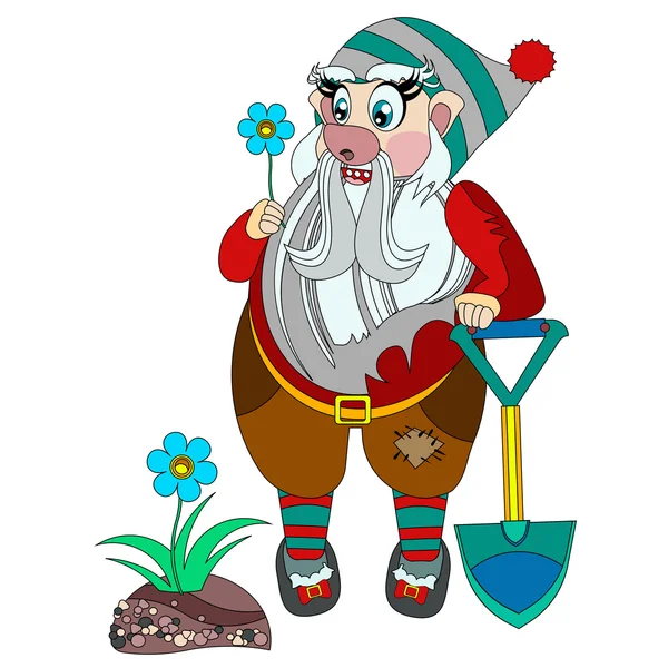 komik gnome mavi çiçek elinde tutan.