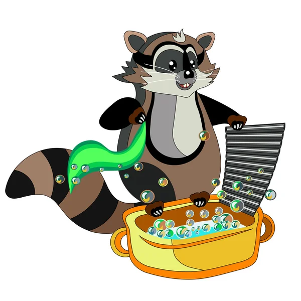 çizgi film Rakun elbise beyaz bir arka plan üzerinde yıkar.