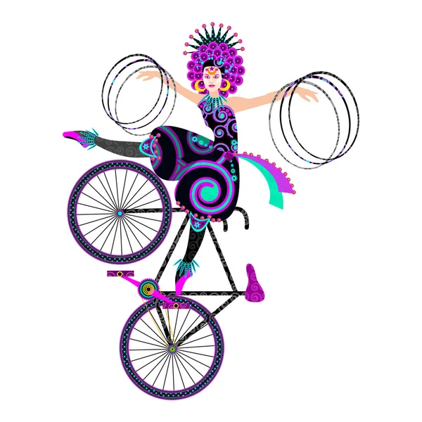 Trick with hula hoops by circus girl on an artistic bicycle. — Stock Vector