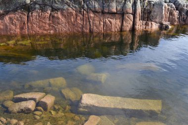 Kırmızı duvar, suyun altındaki taşlar.