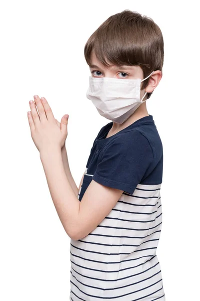 Little Boy Face Mask Praying Isolated White Background — Stock Photo, Image