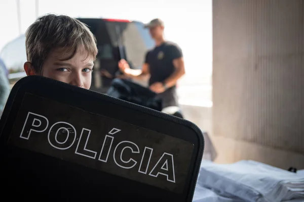 Bratislava Slovakia Sep1 2019 Kid Posing Police Shield Part Police — Stock Photo, Image