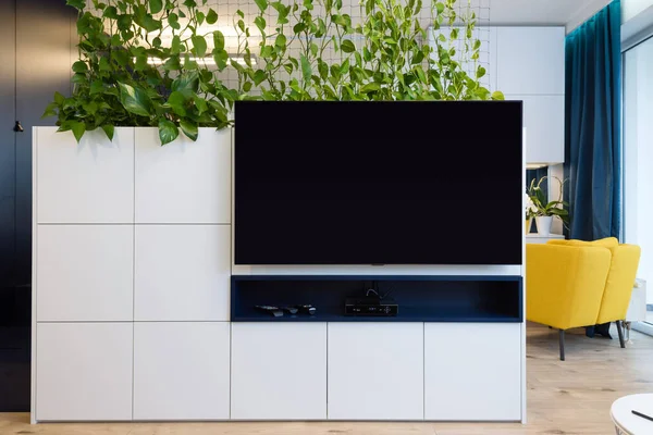 TV wall and cabinet in interior of modern apartment