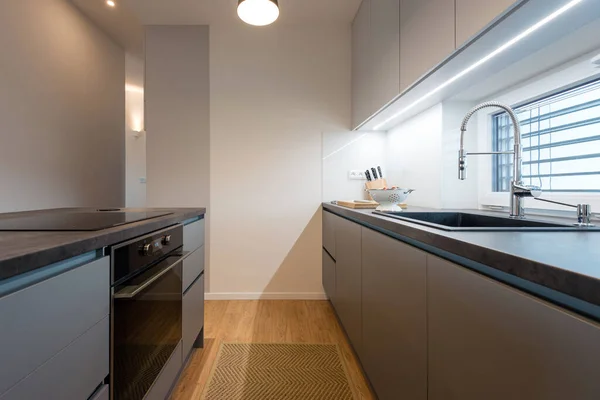 Interior of contemporary kitchen with built-in appliances