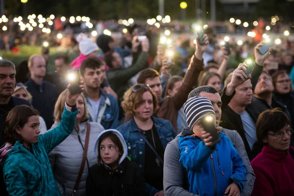 BRATISLAVA, SLOVAKIA - SEP 20, 2019: Anti-government protest takes place at Freedom square. Slovakia protests continued around Slovakia on September 20, 2019 — Stock Image Bratislava Slovakia Sep 2019 Government Protest Takes Place Freedom Square Stock Image