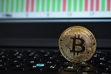 Altın bitcoin dizüstü bilgisayarın klavyesinde ve arka planda grafiği var