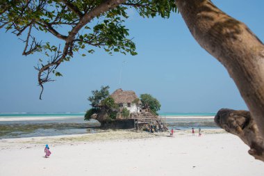 MICHANWI PINGWE BEACH, ZANZIBAR - 24 DEC 2017: Kayanın tepesinde (Kaya), adanın güneydoğusunda Michamwi Pingwe yarımadasında, Zanzibar