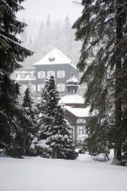 KARLOVA STUDANKA, CZECH REPUBLIC JAN 2, 2019: Spa Pavyonu ve Slezsky Dum Spa Karlova Studanka 'da kış, Jesenik, Çek Cumhuriyeti