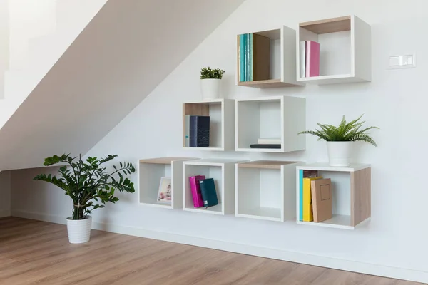 Contemporary living room interior with a shelf for books and accessories