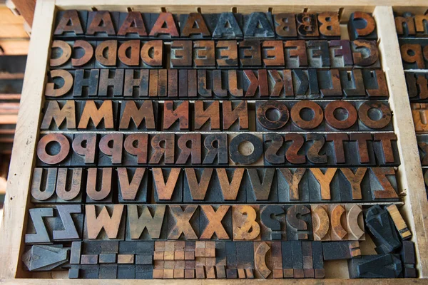 Wooden Font Type Set Arranged Alphabetically — Stock Photo, Image