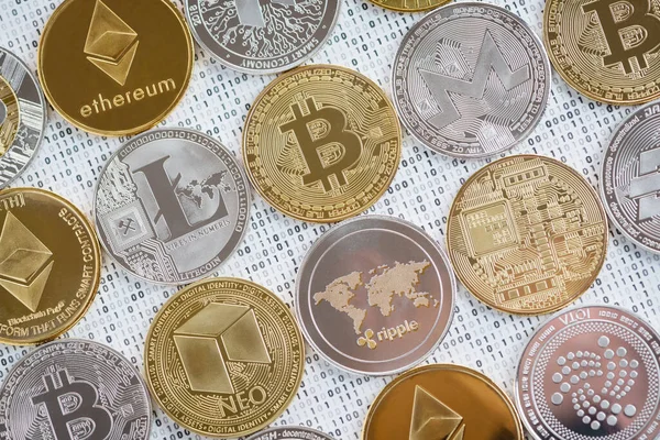 Crypto Monedas Bitcoin Litecoin Dash Ethereum Monero Ioata Onda Neo — Foto de Stock