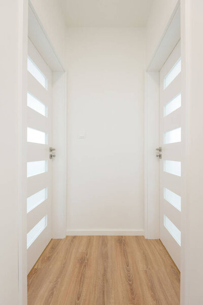 Hallway with white closed doors in apartment