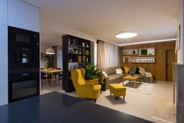 Modern ev içi - açık konsept, mutfak, oturma odası ve yemek odası