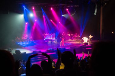 BRATISLAVA, SLOVAKIA - NOV 5, 2018: Slovak pop singer Katarina Knechtova featuring folklore ensemble Sarisan perform on last concert of music tour Puto in Bratislava, Slovakia