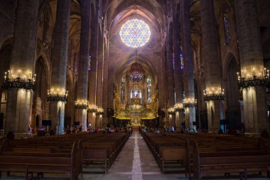 PALMA DE MALLORCA, SPAIN - SEP 30, 2018: Gothic style of interior in Cathedral of Santa Maria of Palma (La Seu) in Palma de Mallorca, Spain