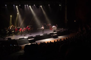 BRATISLAVA, SLOVAKIA - NOV 5, 2018: Slovak pop singer Katarina Knechtova featuring folklore ensemble Sarisan perform on last concert of music tour Puto in Bratislava, Slovakia
