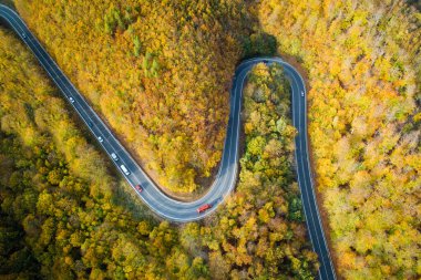 Aerial view of winding road  thorugh Pezinska baba forest in autumn colors, Slovakia