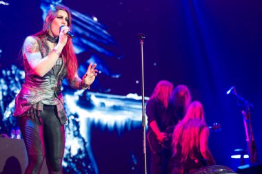 BRATISLAVA, SLOVAKIA - NOV 13, 2018: Floor Jansen - vocalist of Nightwish, the Finnish symphonic metal band, performs a live concert at the Decades: Europe 2018 Tour in Bratislava, Slovakia 