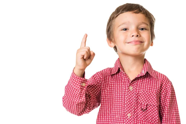 Young Adorable Boy Smiling Pointing Finger Upwards Isolated White Background — Stock Photo, Image