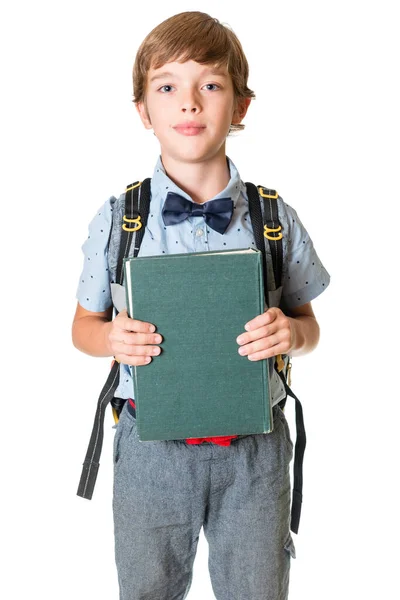 Young Adorable Boy Holding Big Book Isolated White Background — Stock Photo, Image