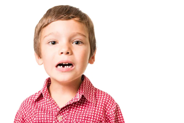 Young Adorable Boy Open Mouth Milk Tooth Missing Isolated White — Stock Photo, Image