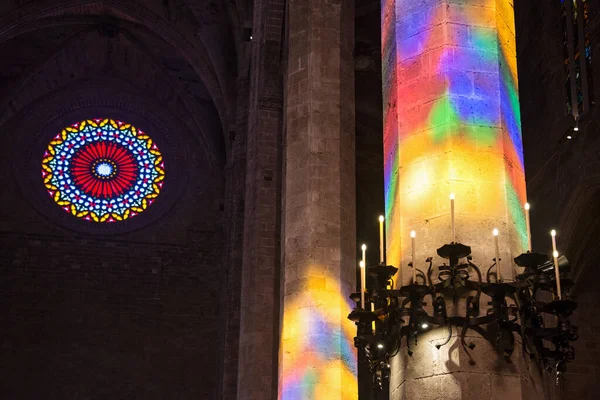 Palma Mallorca Spain Sep 2018 Colorful Lights Column Cathedral Santa — Foto de Stock