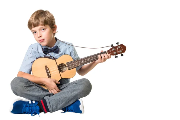 Young Adorable Boy Playing Ukulele Isolated White Background Space Text — Stock Photo, Image