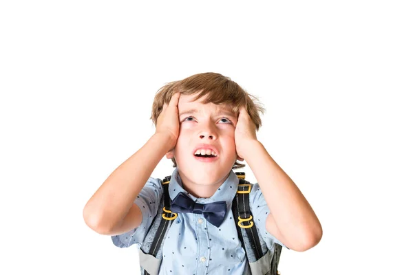 Joven Infeliz Niño Sosteniendo Cabeza Mirando Hacia Arriba Aislado Sobre —  Fotos de Stock