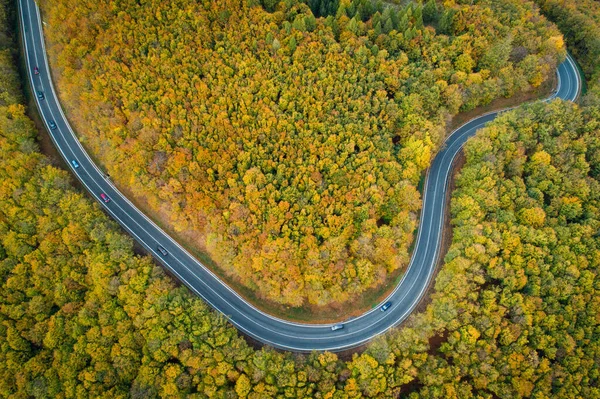 Luftaufnahme Der Kurvenreichen Straße Durch Pezinska Baba Wald Herbstfarben Slowakei — Stockfoto