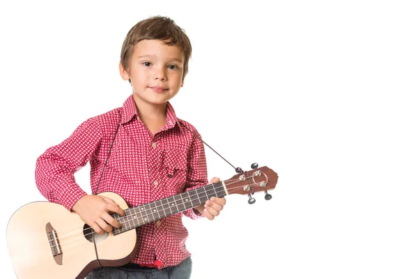 Young Adorable Boy Playing Ukulele Isolated White Background Space Text — Stock Photo, Image