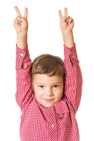 Jong Schattig Jongen Met Opgeheven Handen Geïsoleerd Witte Achtergrond — Stockfoto