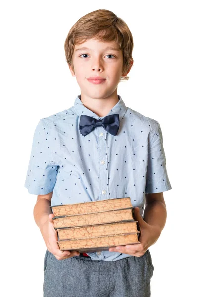 Jong Schattig Jongen Met Boeken Geïsoleerd Witte Achtergrond — Stockfoto