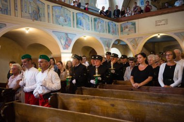 SPANIA DOLINA, SLOVAKIA - AUG 6, 2017: Group photo of Herrengrund brotherhood miners during miners feast in Spania Dolina on August 6, 2017
