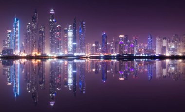 Dubai Marina 'nın panoramik görüntüsü gece yansıması ile gökyüzü, BAE