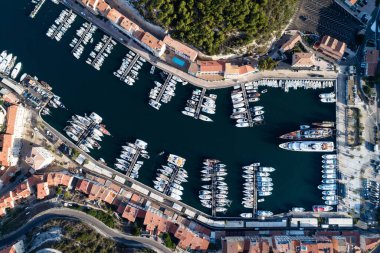 Aerial view of boats and yachts in marina of Bonifacio, Corsica, France
