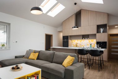 Living-room connected with kitchen in background, contemporary house interior
