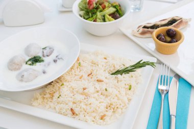 Shakriya - yoğurt soslu kuzu eti, yanında beyaz pirinç ve salata.