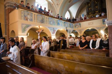 SPANIA DOLINA, SLOVAKIA - AUG 6, 2017: Group photo of Herrengrund brotherhood miners during miners feast in Spania Dolina on August 6, 2017