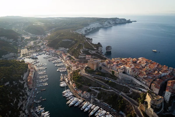 Aerial view of boats and yachts in marina of historical city Bonifacio, Corsica, France