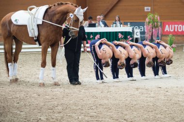 PEZINOK, SLOVAKIA - 16 Haziran 2017: Avusturya 'dan UVT Eligius takımının 16 Haziran 2017 tarihinde Slovakya' nın Pezinok kentinde yapılan Vaulting yarışmasında performansı
