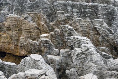 Pancake kayalarının ayrıntıları ve yapısı Punakaiki, Güney Adası, Yeni Zelanda 'da