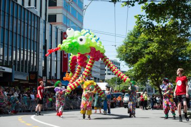 WELLINGTON, NEW ZEALAND - 13 DEC: Karnaval grupları ve kostümlü karakterler, 13 Aralık 2015 Wellington Santa Parade sırasında Wellington sokaklarında geçit töreni
