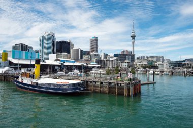 AUCKLAND, NEW ZEALAND - 8 Kasım 2015: Auckland şehrinin Auckland Limanlarından ufuk çizgisi. Auckland, Yalnız Gezegen tarafından ziyaret edilen dünyanın en iyi 10 şehrinden biri olarak değerlendiriliyor.