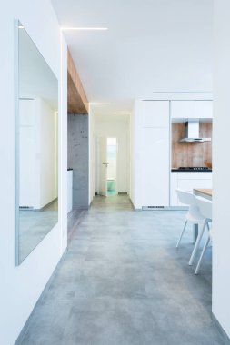 Modern apartmanın içinde. Mutfak ve banyoya giden koridor.